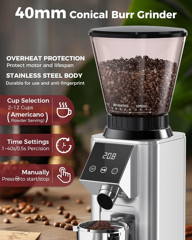 Tuni G1 Conical Burr Coffee Grinder, 48 Grind Settings Anti-static Burr Mill, Precision Electronic Timer and LED Touchscreen for Espresso/Drip/Cold Brew/French Press, Stainless Steel, Silver - Image 2